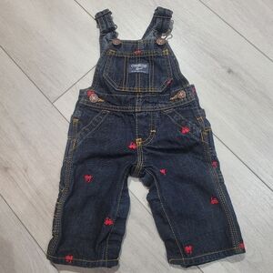 OshKosh B'gosh Vintage Kids Blue Denim Red Train Embroidered Overalls 3 Months